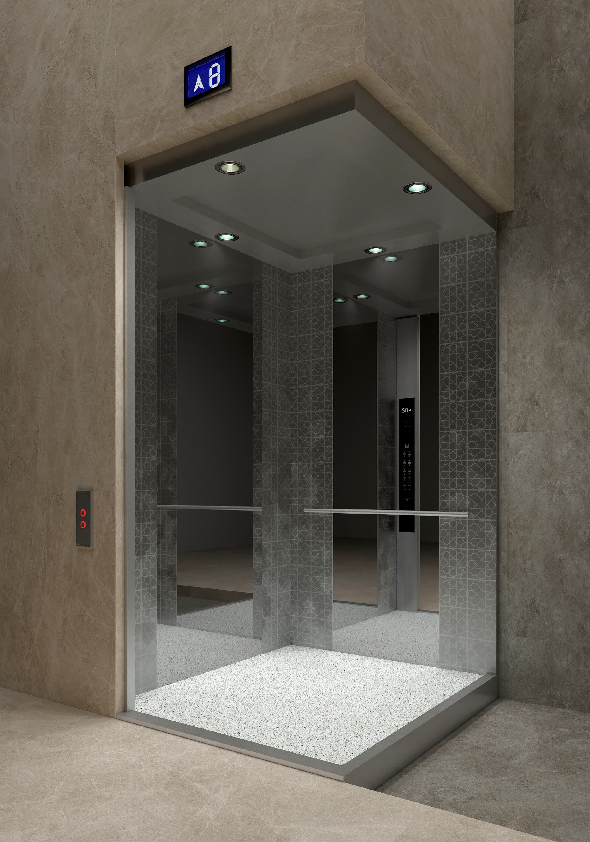 tlz-e3 standart+ lift, oynali lift kabina, premium zanglamaydigan lift, marmar pol, zamonaviy dizayn lift