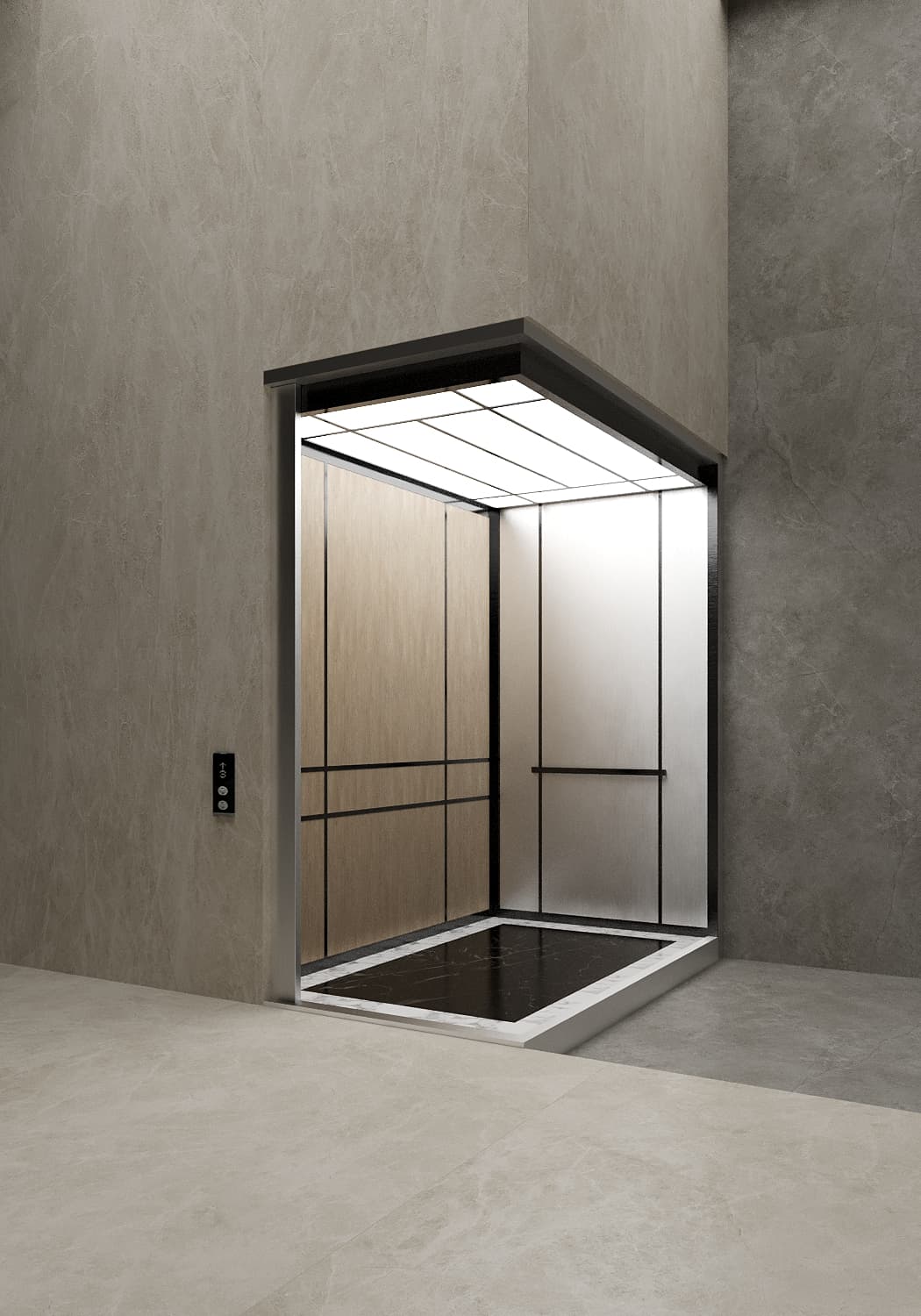 tlz-e11 zamonaviy lift Toshkent, premium lift interyeri, oynali lift dizayn, marmar pol lift, energiya tejovchi lift tizimi