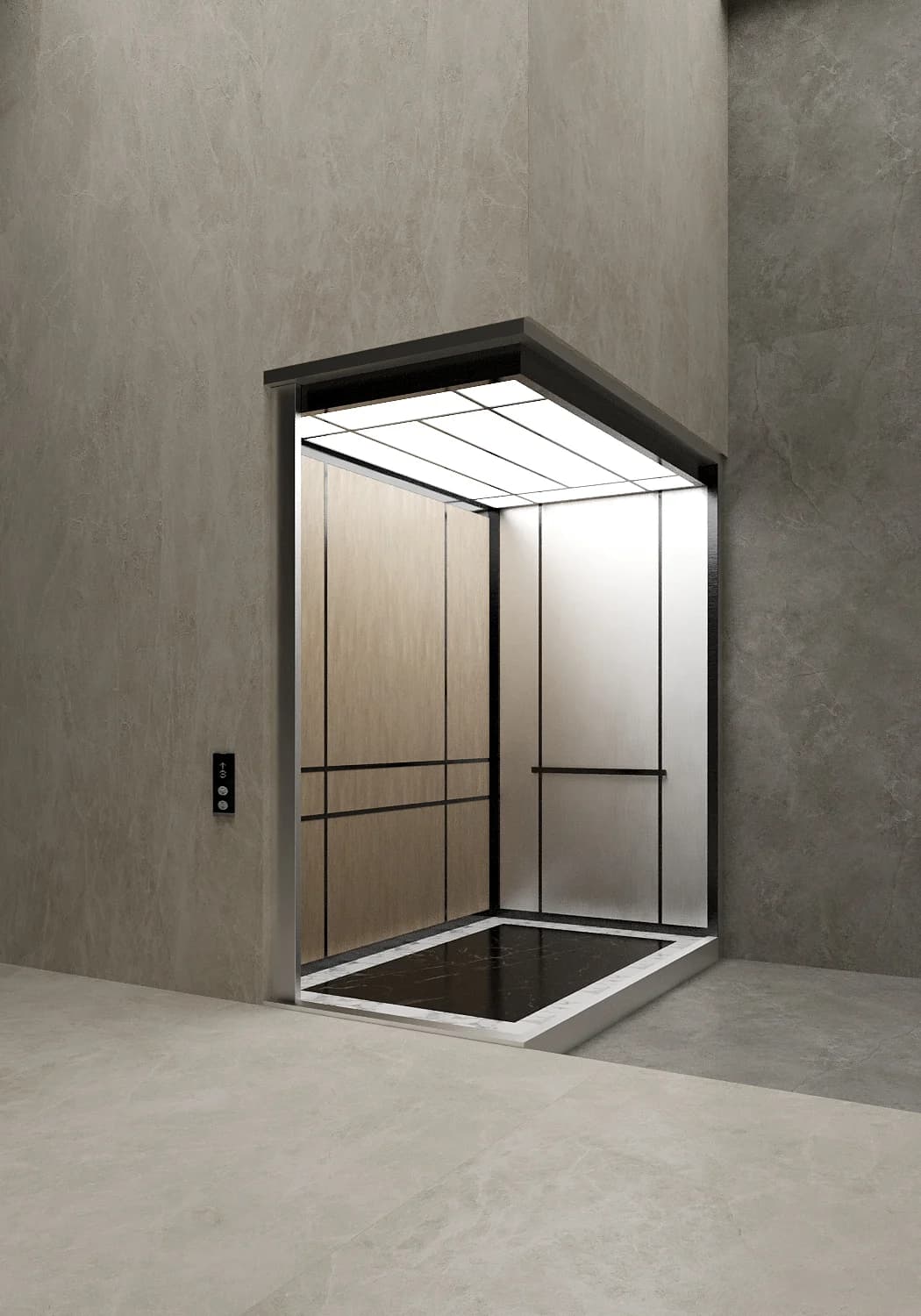 tlz-e11 zamonaviy lift Toshkent, premium lift interyeri, oynali lift dizayn, marmar pol lift, energiya tejovchi lift tizimi