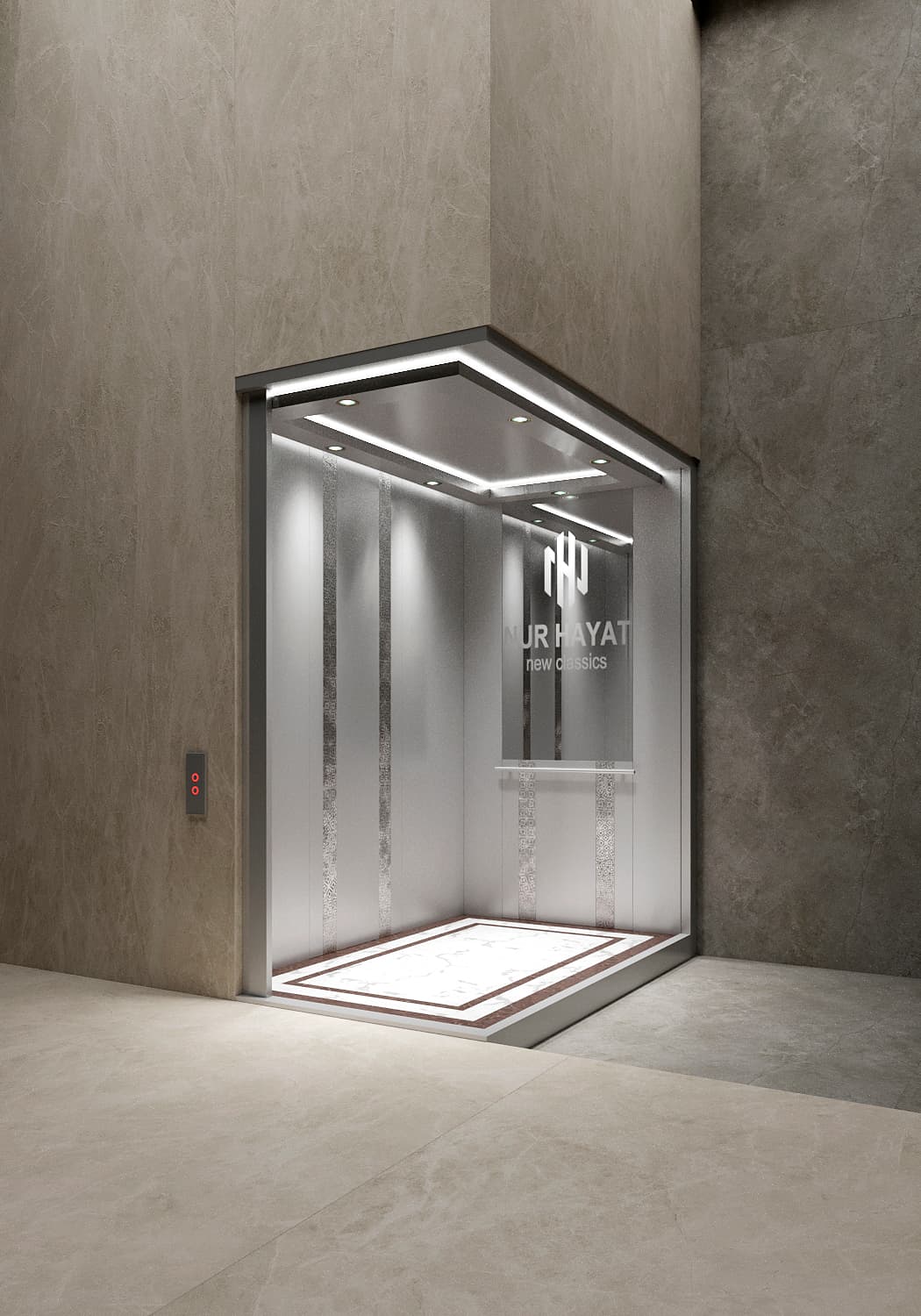 tlz-e4 zamonaviy lift Toshkent, yorqin po'lat kabina, standart+ lift modeli, energiya tejovchi LED yoritish, PVC polli lift