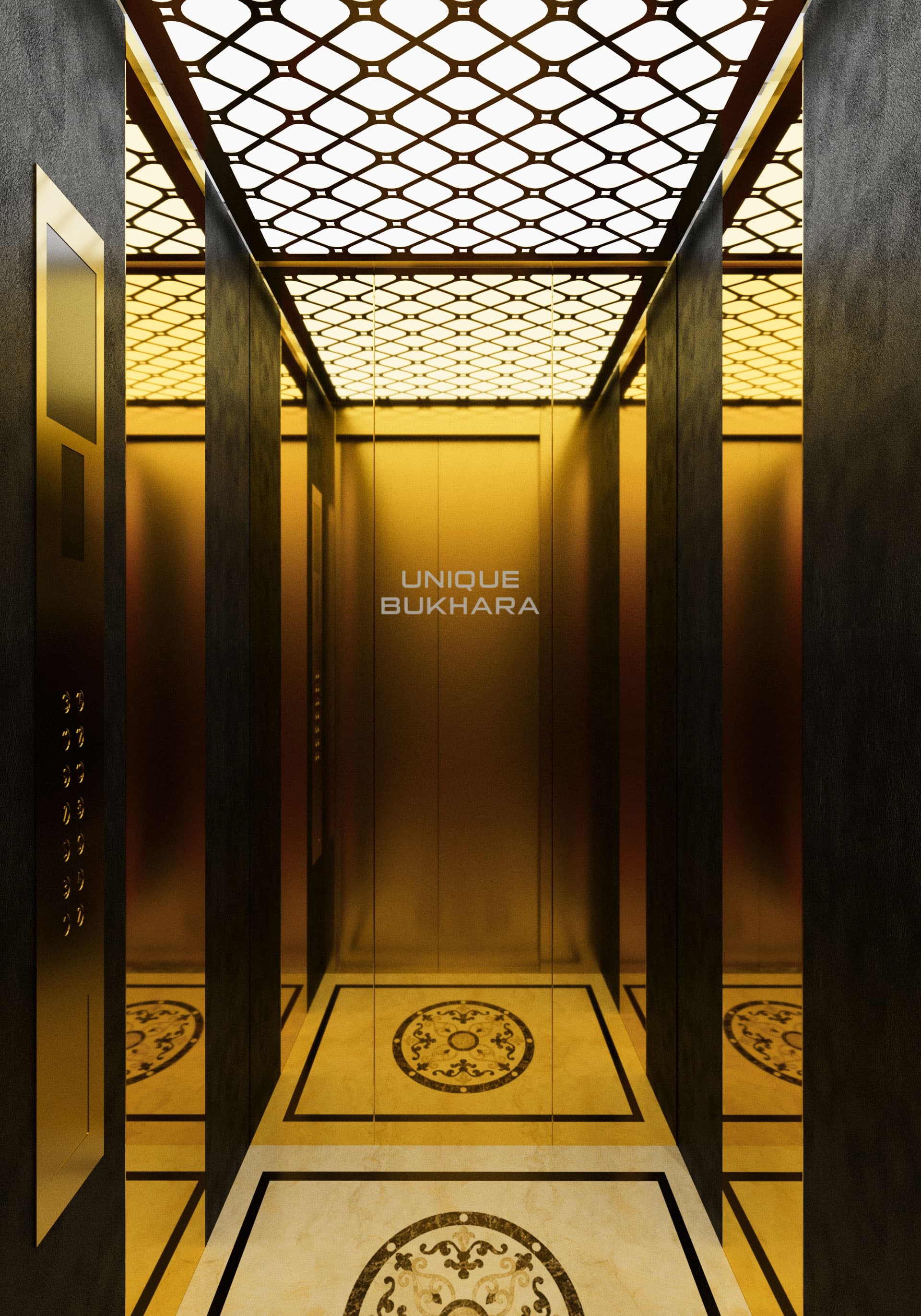 tlz-sp6 maxsus oltin rang lift dizayn, mahsus charm panel, zanglamaydigan po'lat konstruktsiya, MDF panel